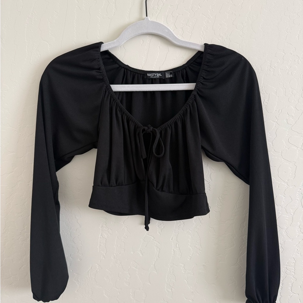 Nasty Gal Black Ruched Long Sleeve Crop Top